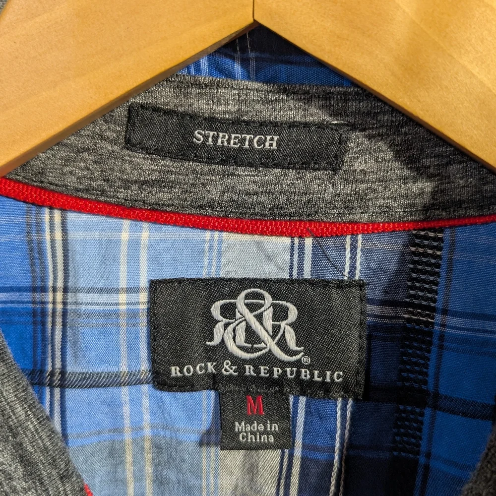 Rock & Republic Plaid Shirt Men's Medium Blue Shirt Sleeve - Picture 6 of 9